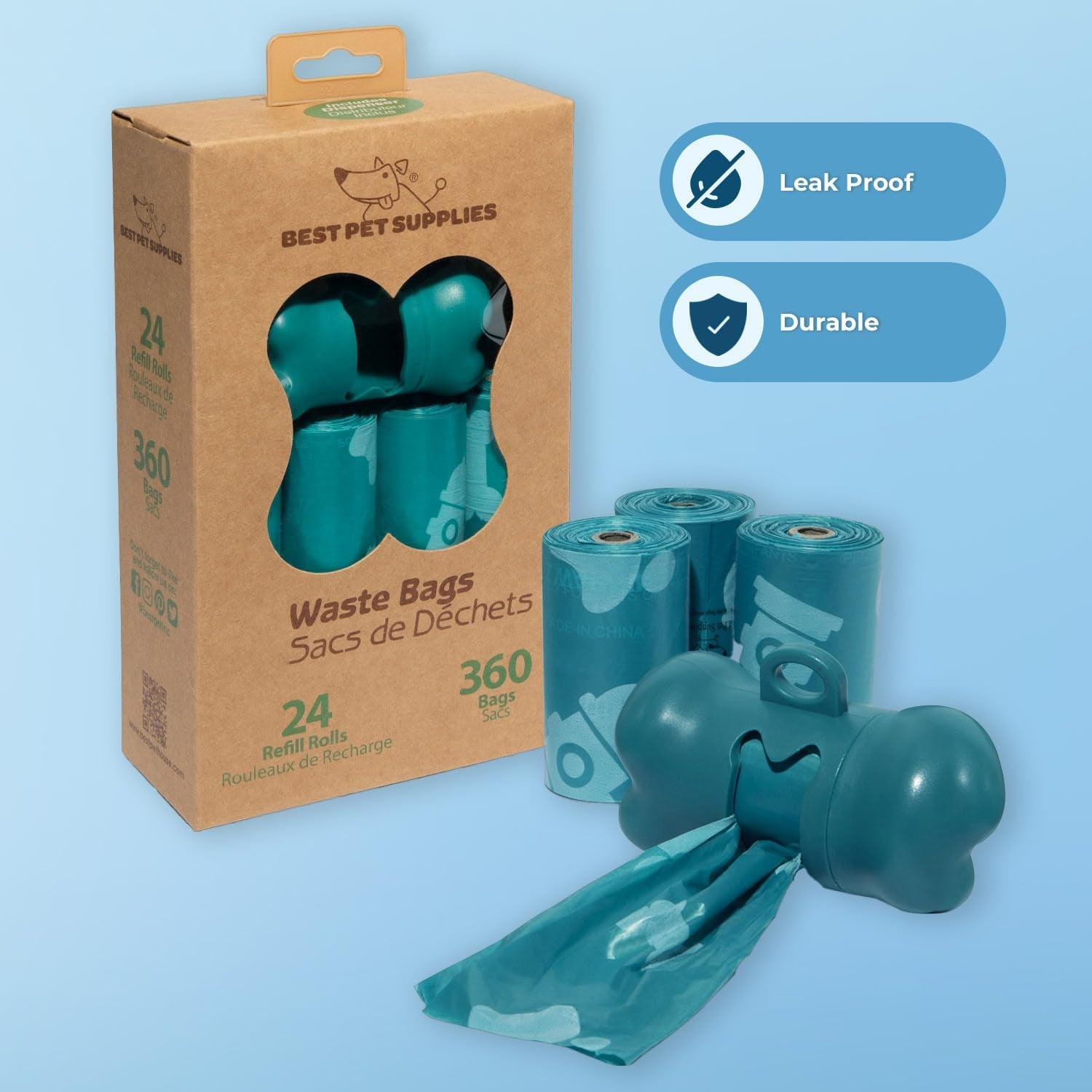 Dog Poop Bags 24ct (360 Bags) Doggy Roll Replacements for Outdoor Puppy Walking and Travel