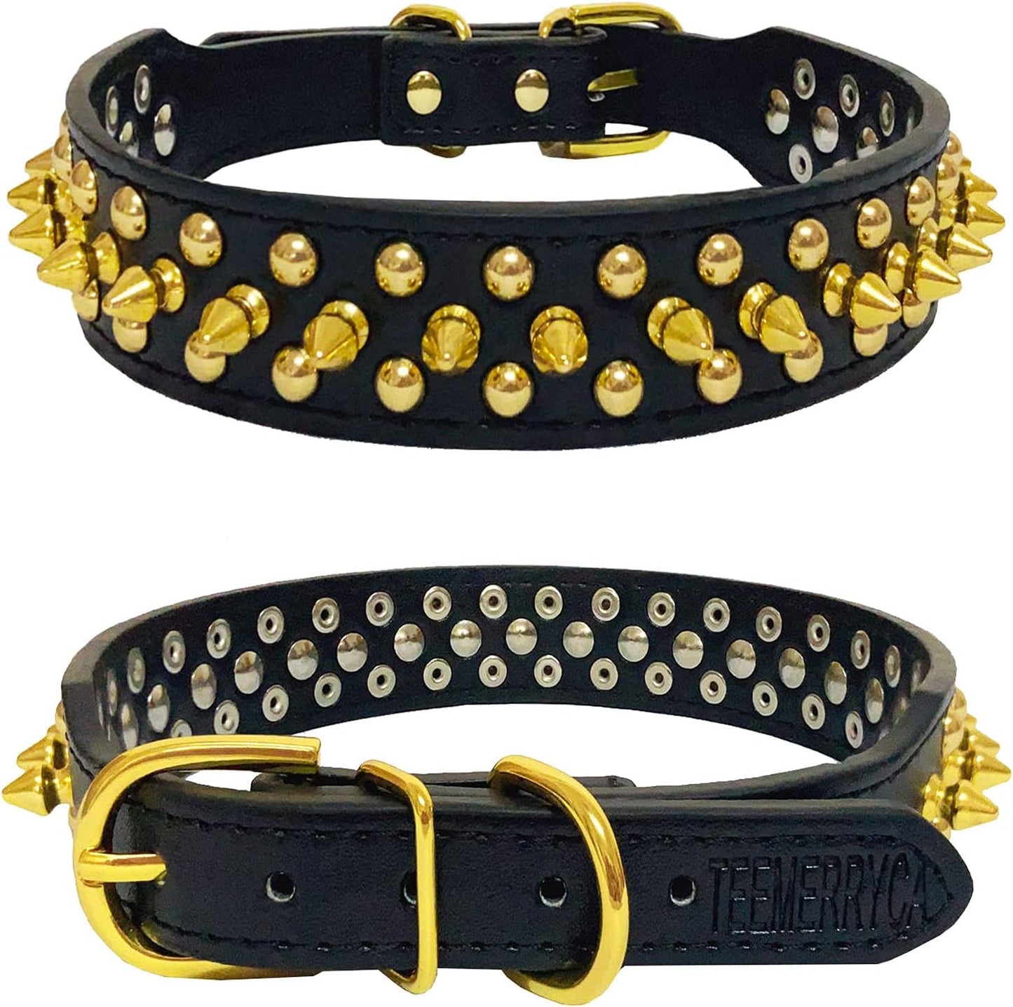 Black Leather Dog Collar with Gold Spikes for Small Medium Pets, Pit Bulls/Bulldog, Keep Dog Safe from being Grabbed by Huge Dogs, L(15"-18.5")