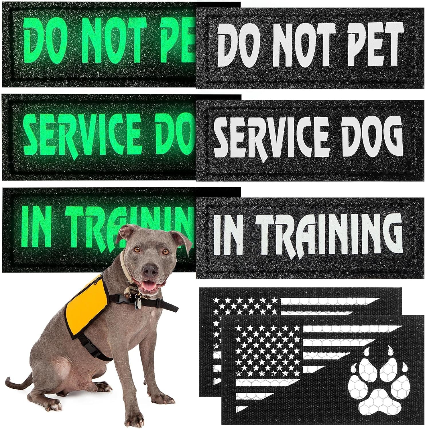 8 Pieces Service Dog Vest Patches Reflective Dog Patches in Training Dog Patches Do Not Pet and Dog Paw Patches Flag Removable Tactical Dog Harness Patches (Classic Patterns,4.3 X 1.6 Inch)