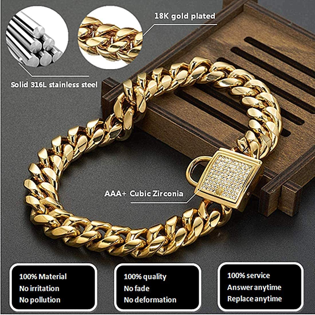 Gold Dog Chain Collar Stainless Steel with Zirconia Lock Luxury Dog Necklace 14MM Heavy Duty Cuban Chain Collar for Small Medium Large Dogs (14Mm Gold,16Inch)